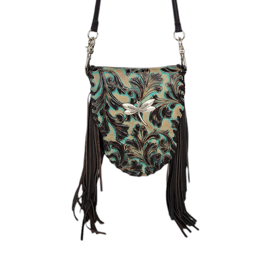 Brown and jade leather hip bag with fringe.  