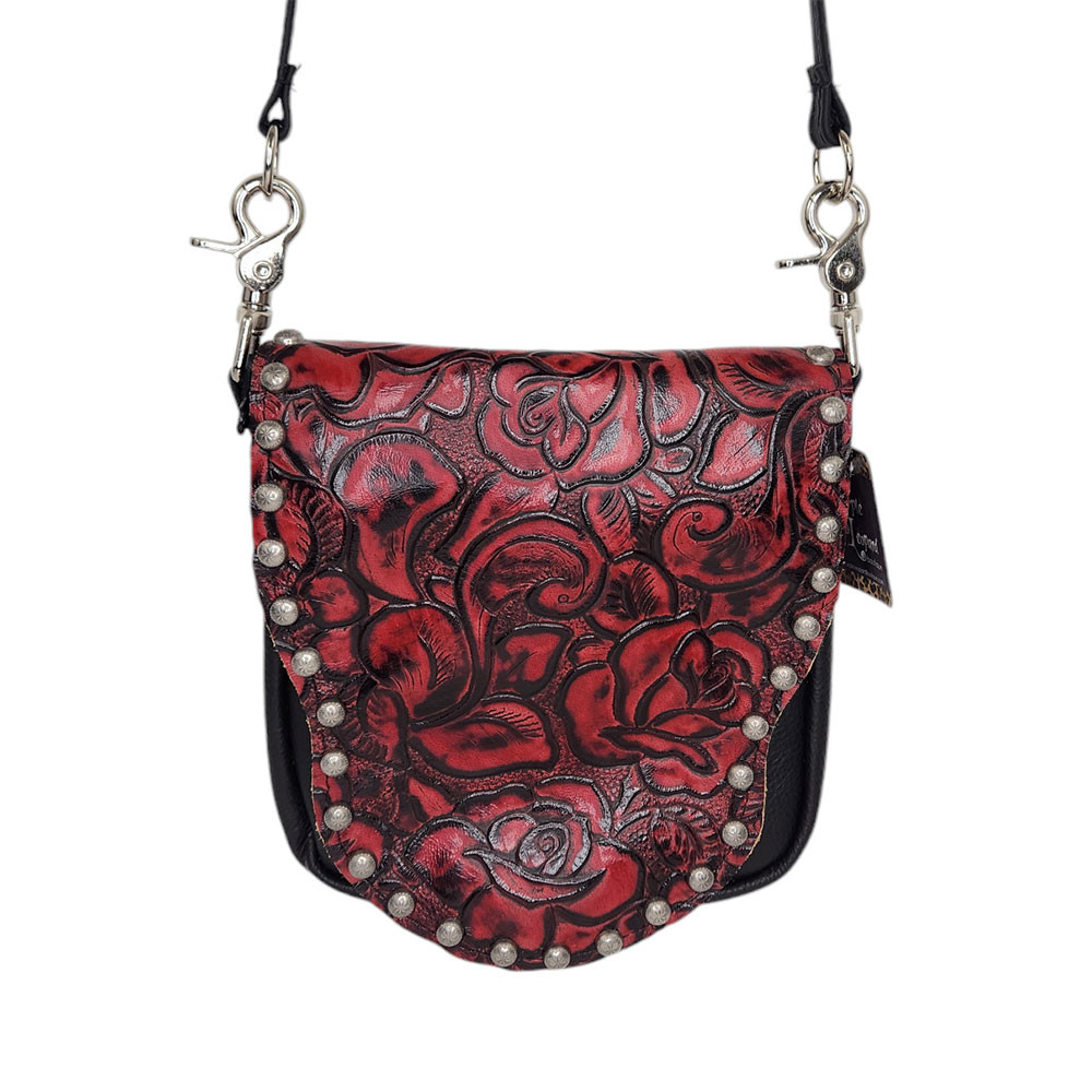 Close-up of the red embossed leather Queen's Hip Bag purse.  