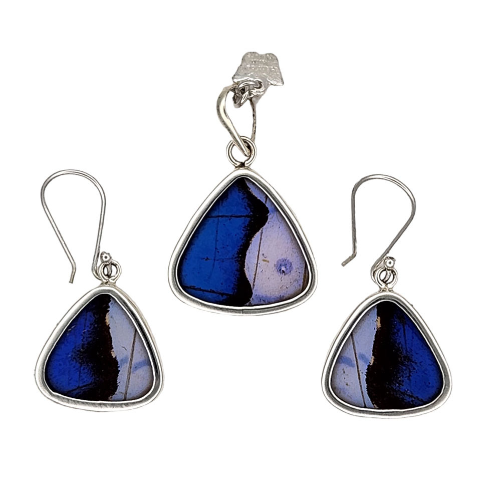 Morpho Ripheus Butterfly wing sterling silver pendant and earrings. 