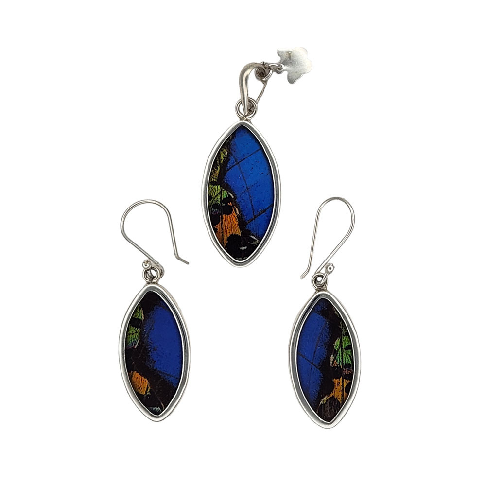 Colorful Morpho Ripheus butterfly wing pendant and earrings. 