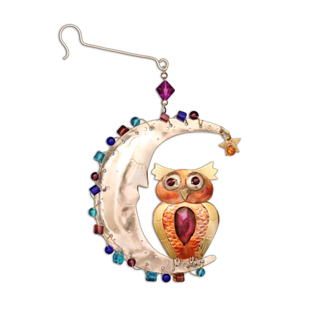 Twilight owl moon metal beaded Christmas ornament. 
