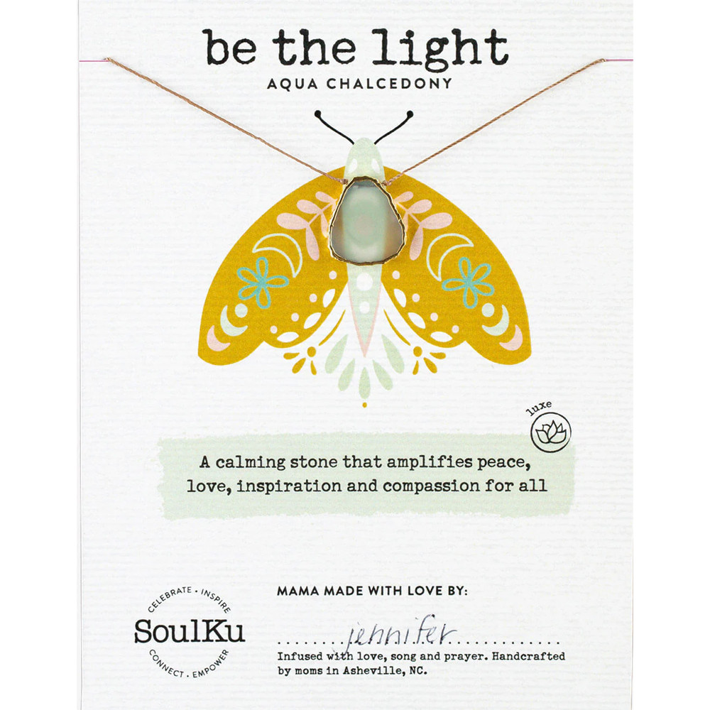 Soulku Aqua Chalcedony Alchemy necklace on card. 