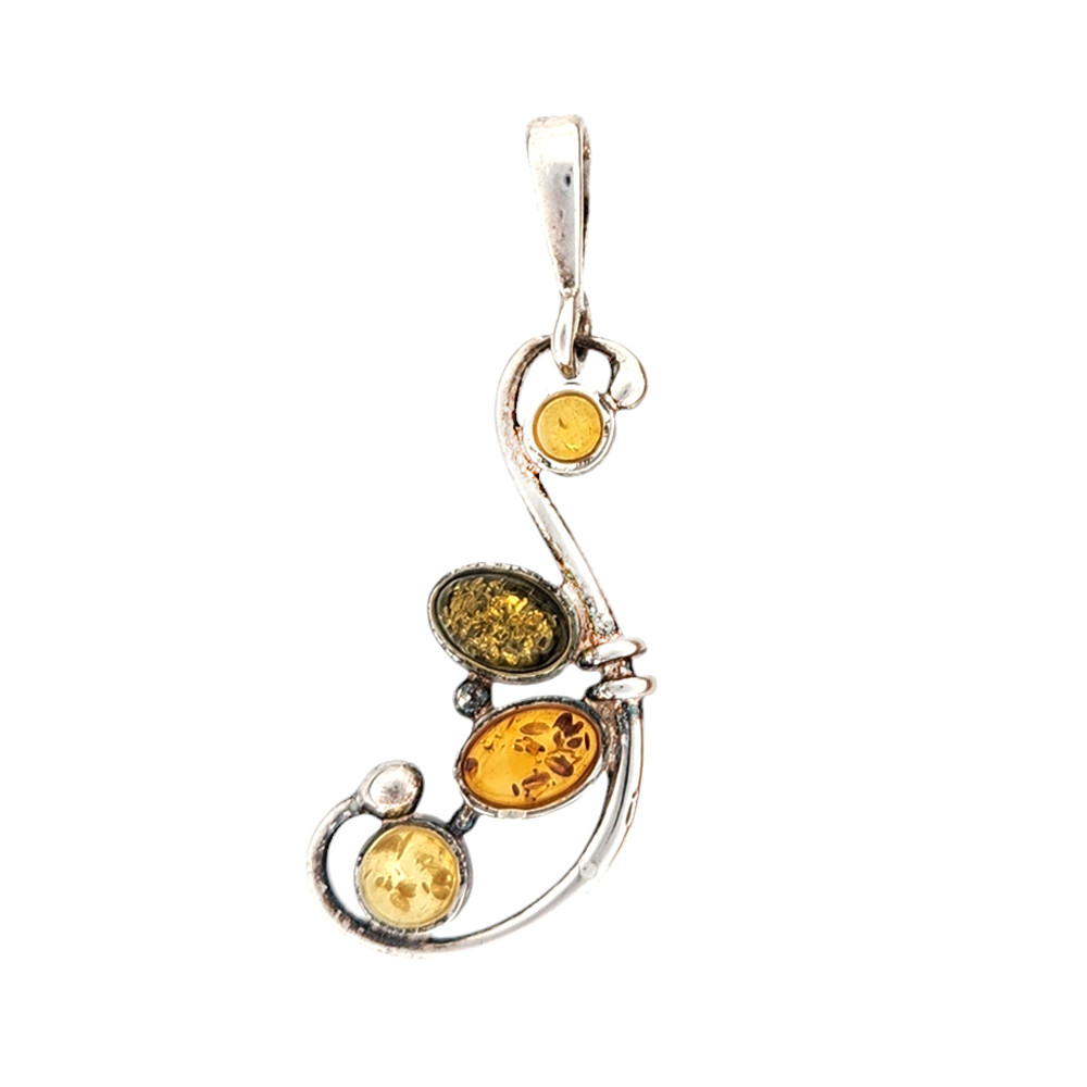 Yellow, brown and green amber sterling silver pendant. 