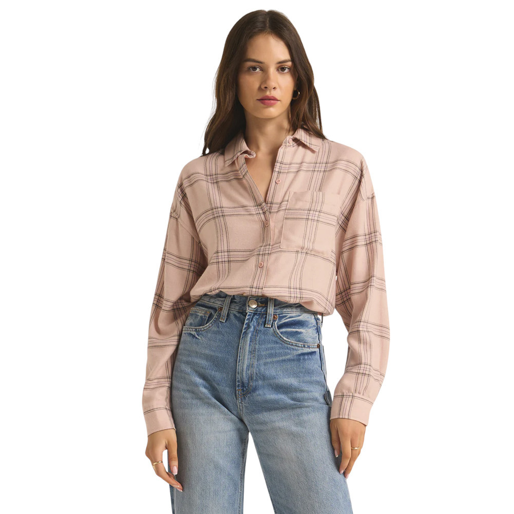 Z Supply River Plaid Button Up Shirt - Lilac Gray Pink