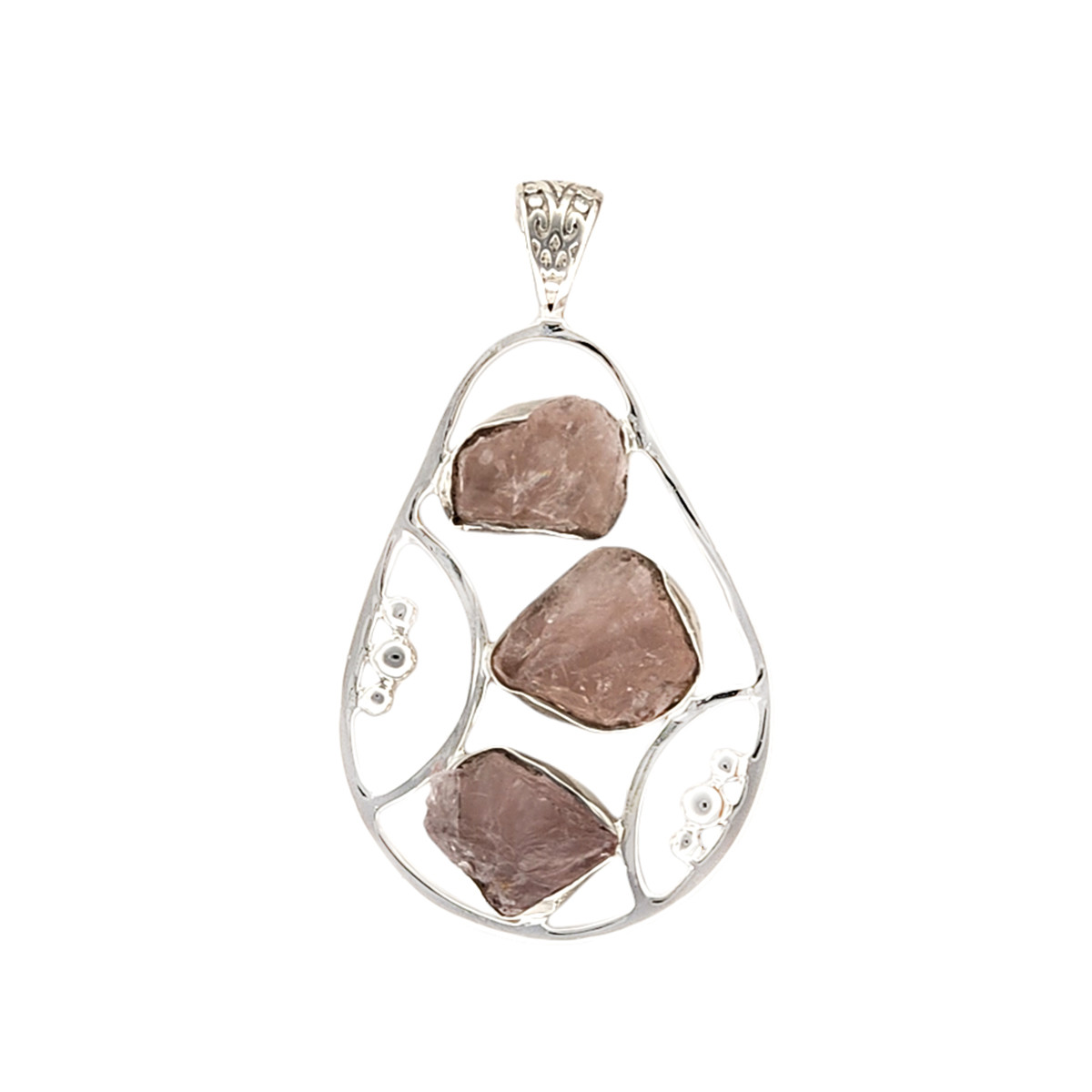Large pink Rose Quartz raw stone sterling silver pendant. 