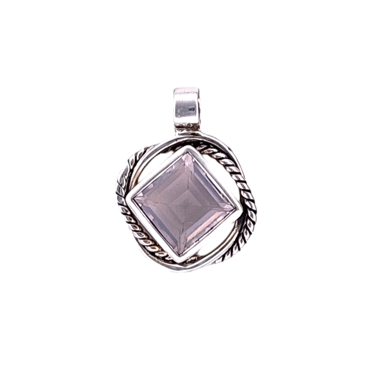 Rose Quartz sterling silver pendant with swirl design. 
