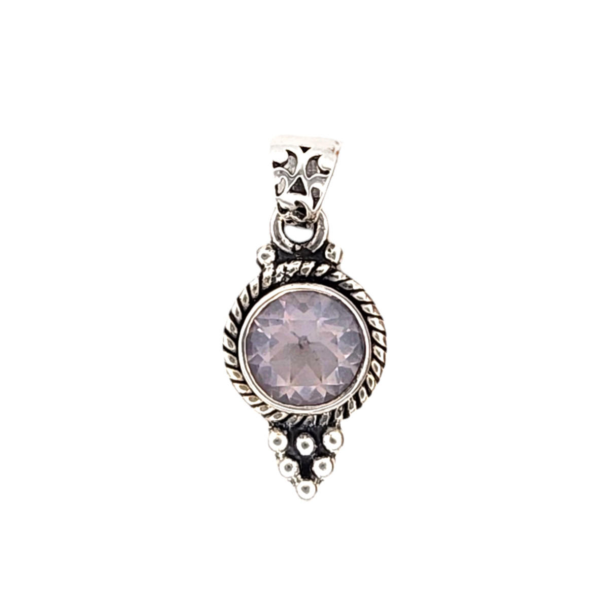 Small round Rose Quartz sterling silver pendant. 