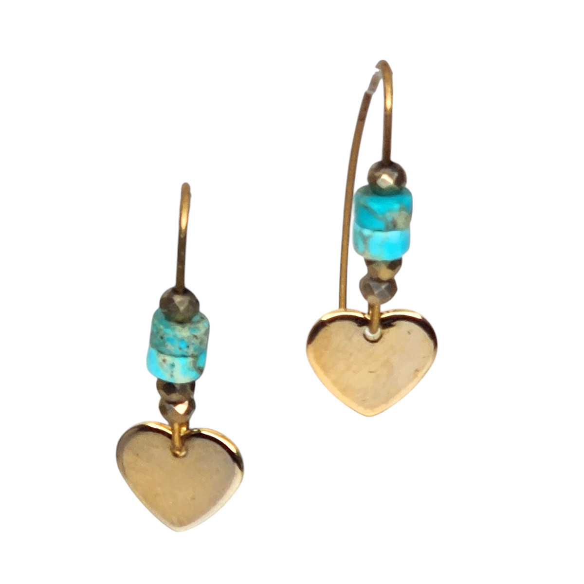 Turquoise Jasper gold brass heart earrings. 