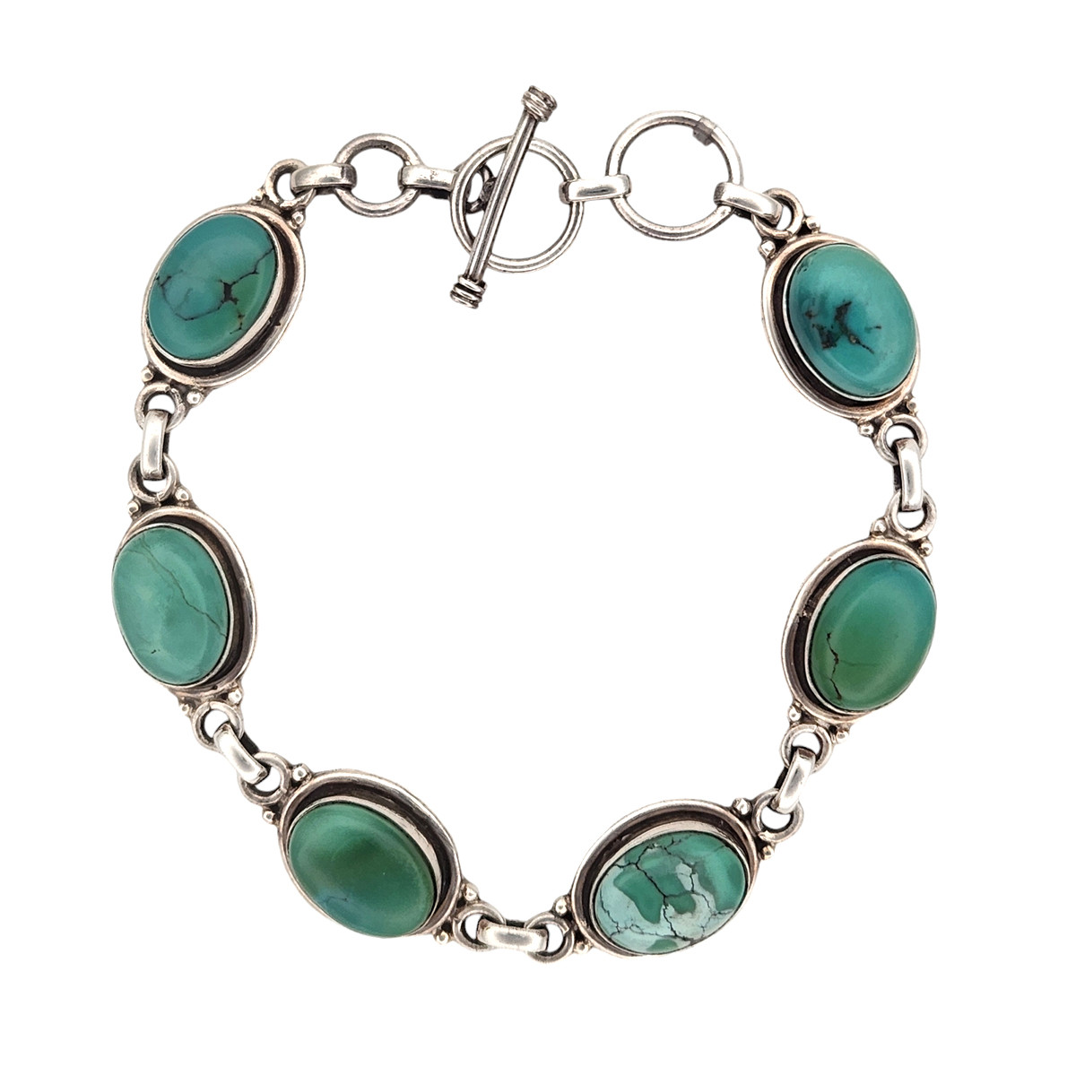 Green blue Turquoise sterling silver bracelet with toggle clasp. 