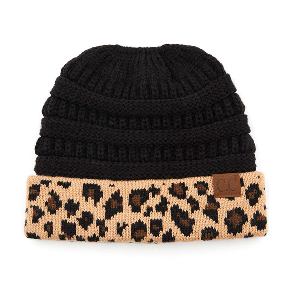 Black and leopard print ponytail beanie. 
