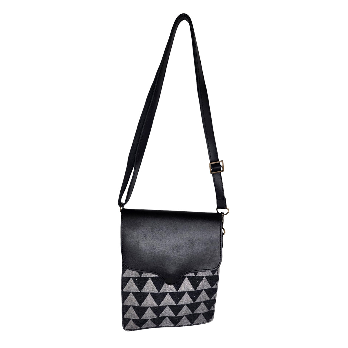 Black leather and dark navy-black and gray pyramid fabric crossbody bag. 