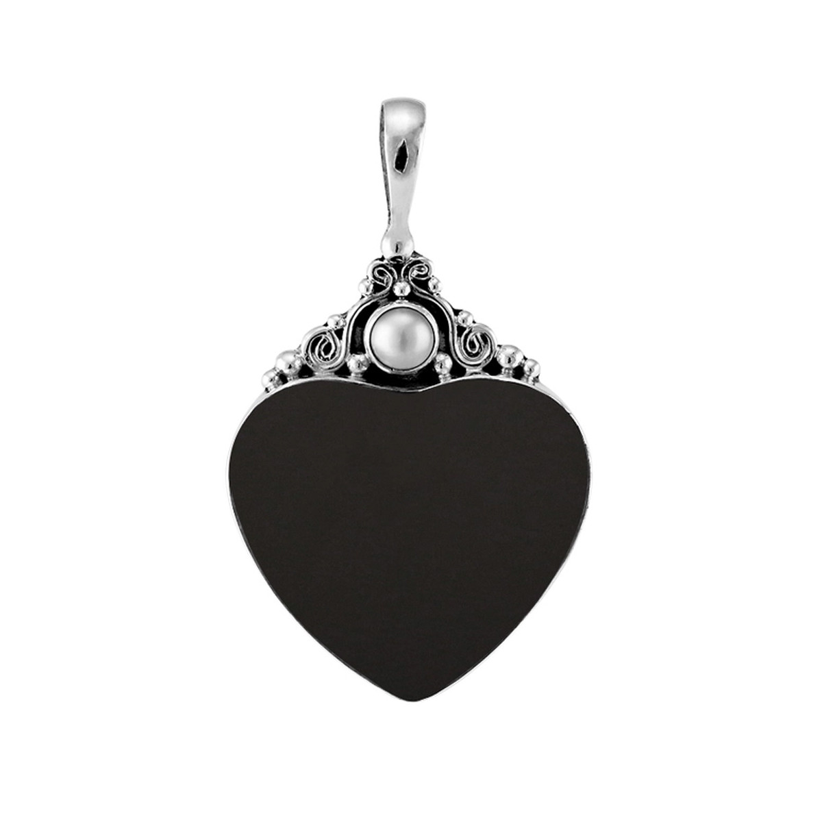 Black Shell heart with Mother of Pearl stone sterling silver pendant. 