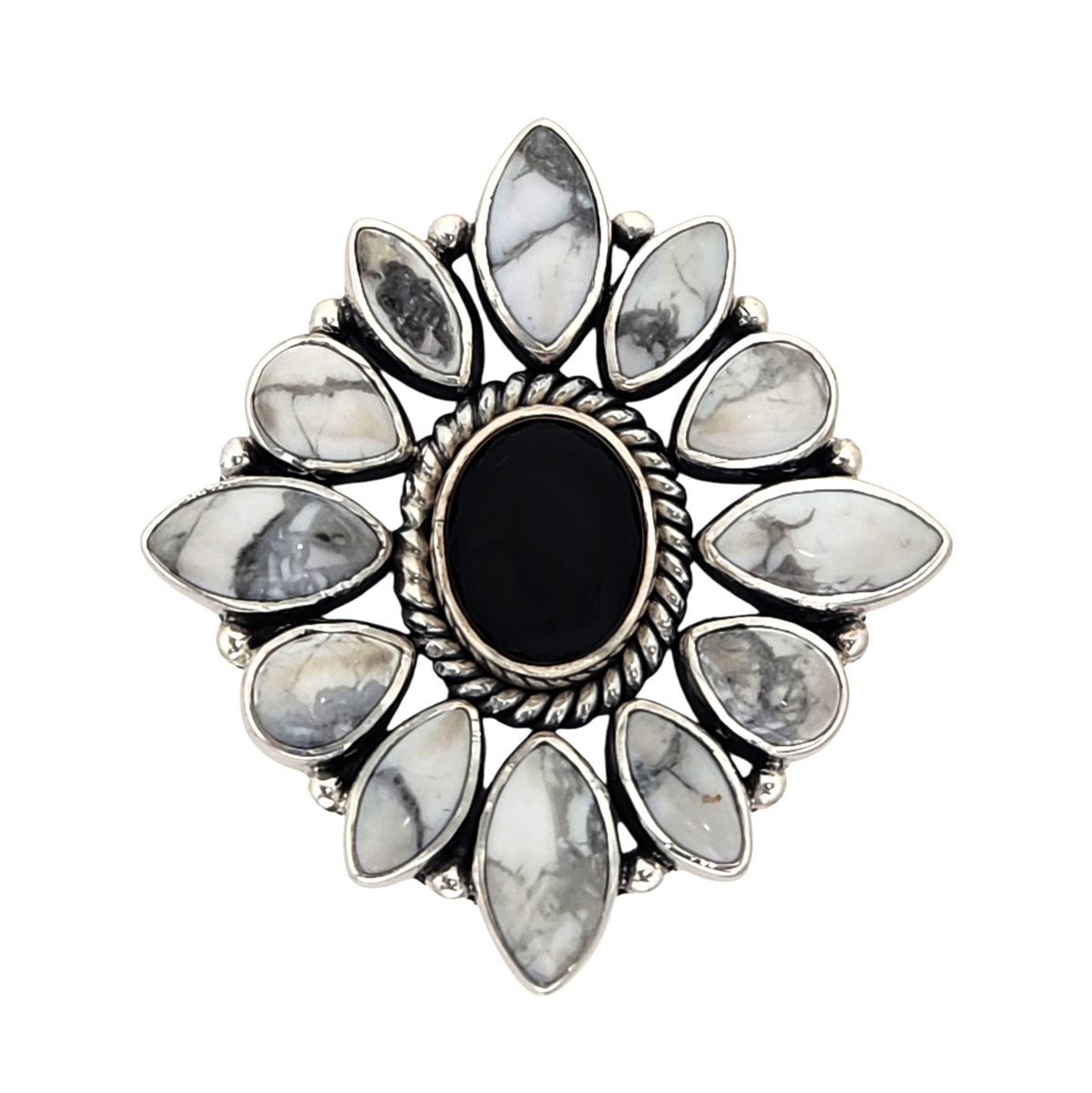 Large white Howlite and black Onyx adjustable sterling silver ring. 