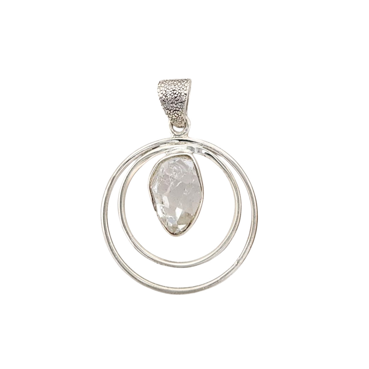Herkimer Diamond in a round silver design. 