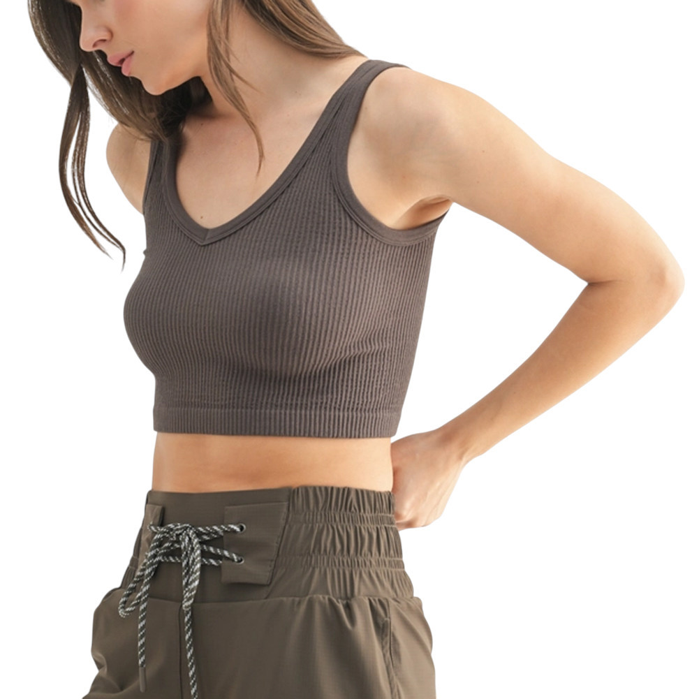 Ribbed Seamless Cropped Tank Top  - Black Olive 