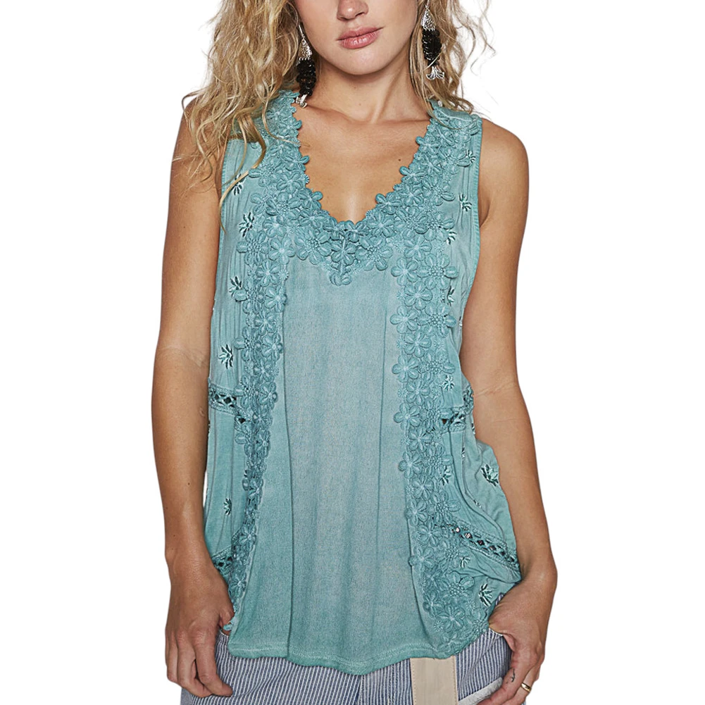 POL Clothing - Lace Floral Trim Tank Top - Emerald Sage