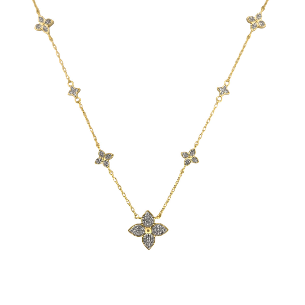 14kt gold-plate CZ Pave flower necklace. 