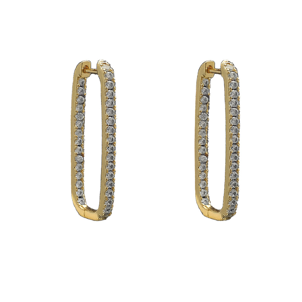Rectangle 14kt gold-plated hoop earrings with CZ accents. 