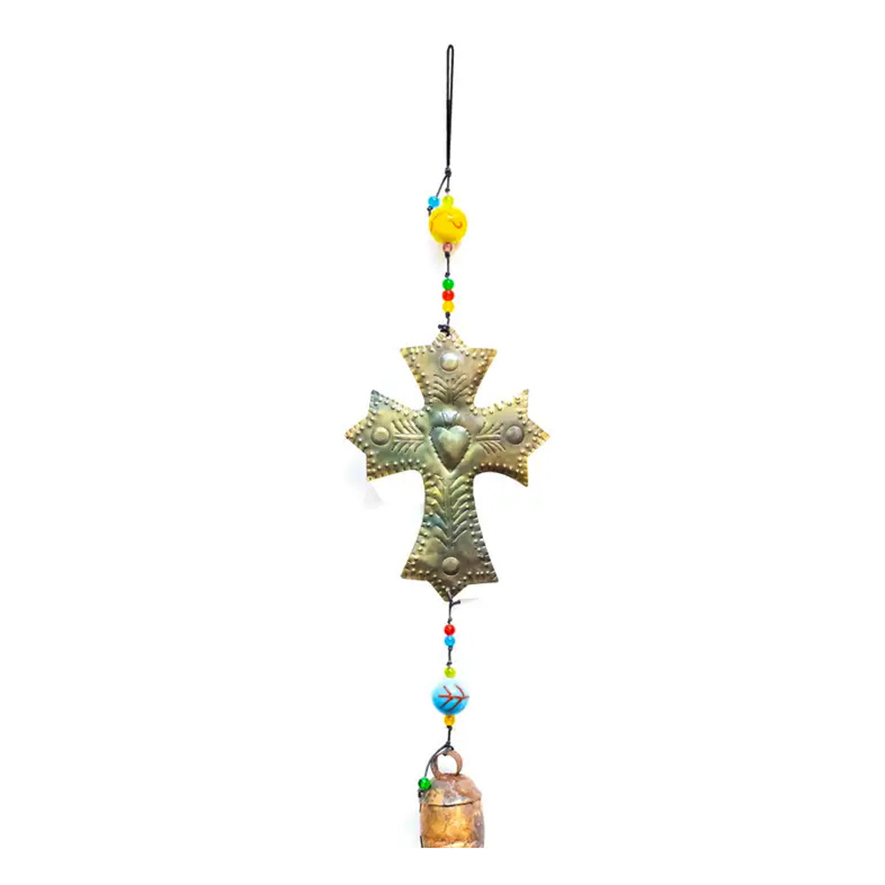Metal cross hanging with beads and bells. 