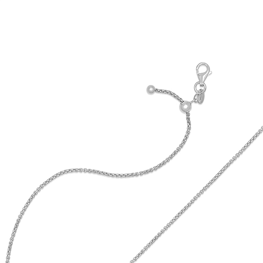 Adjustable rhodium plated round box sterling silver chain. 