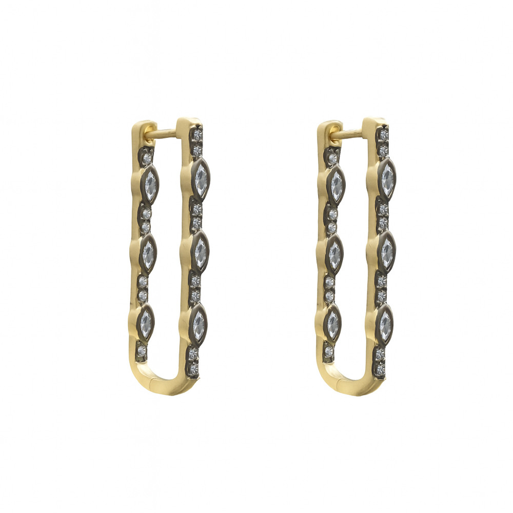 Black and gold rectangle hoop earrings.