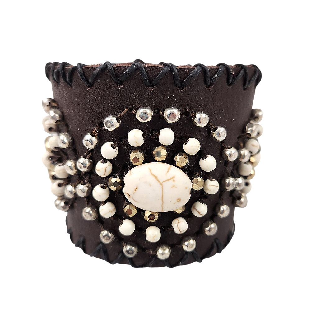 Chocolate brown leather beaded cuff bracelet. 