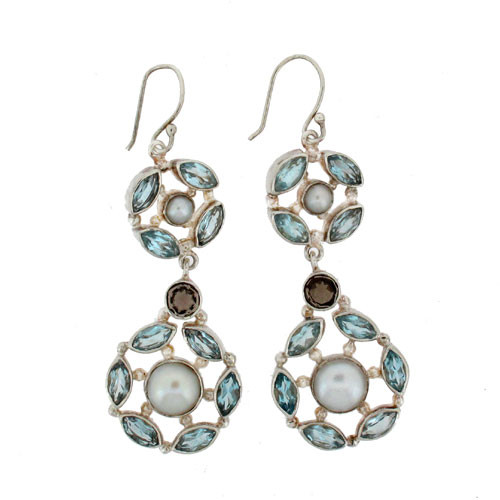 Large Blue Topaz, Pearl sterling silver dangle earrings.
