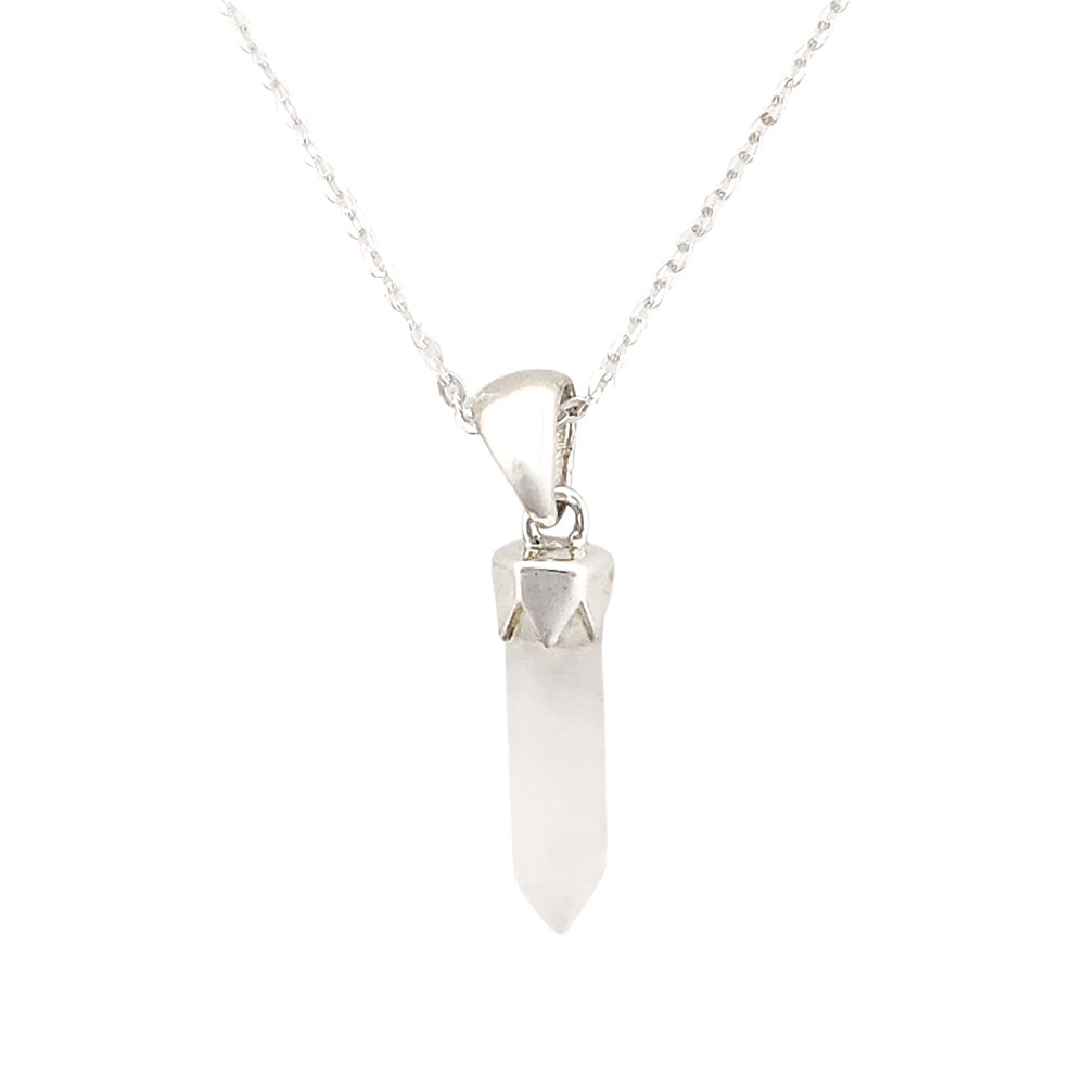 Moonstone crystal point pendant on sterling silver chain. 