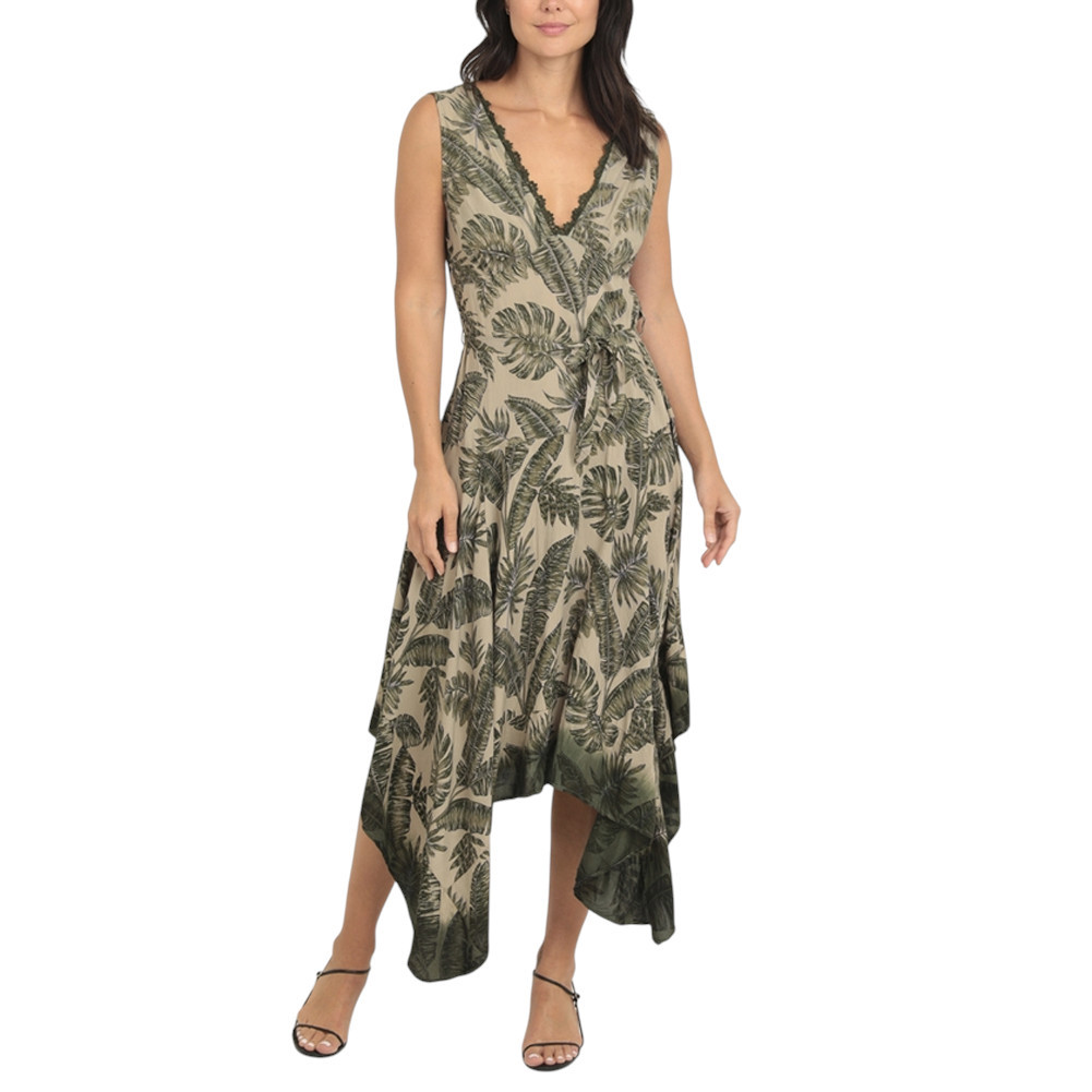 Lola P. Boho Tropical Leaf Print Midi Dress 