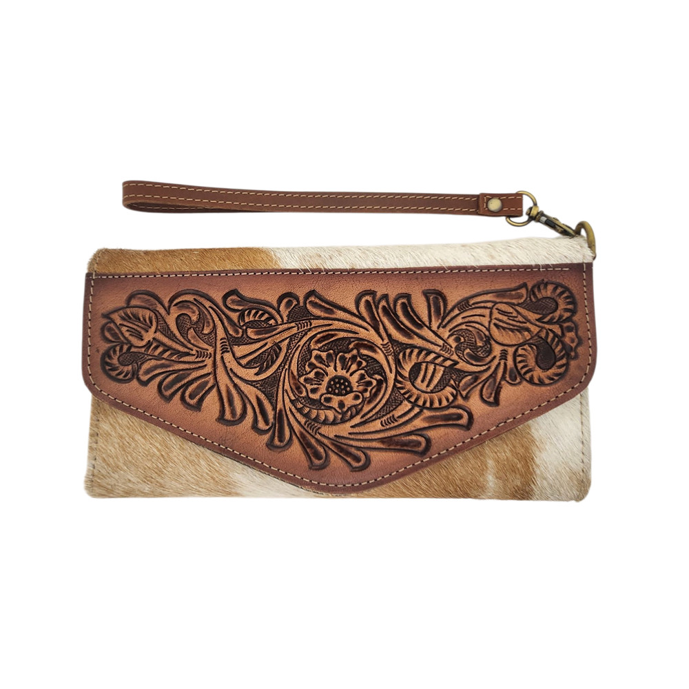 Myra Marquez Trail leather embossed hair-on wallet wristlet. 