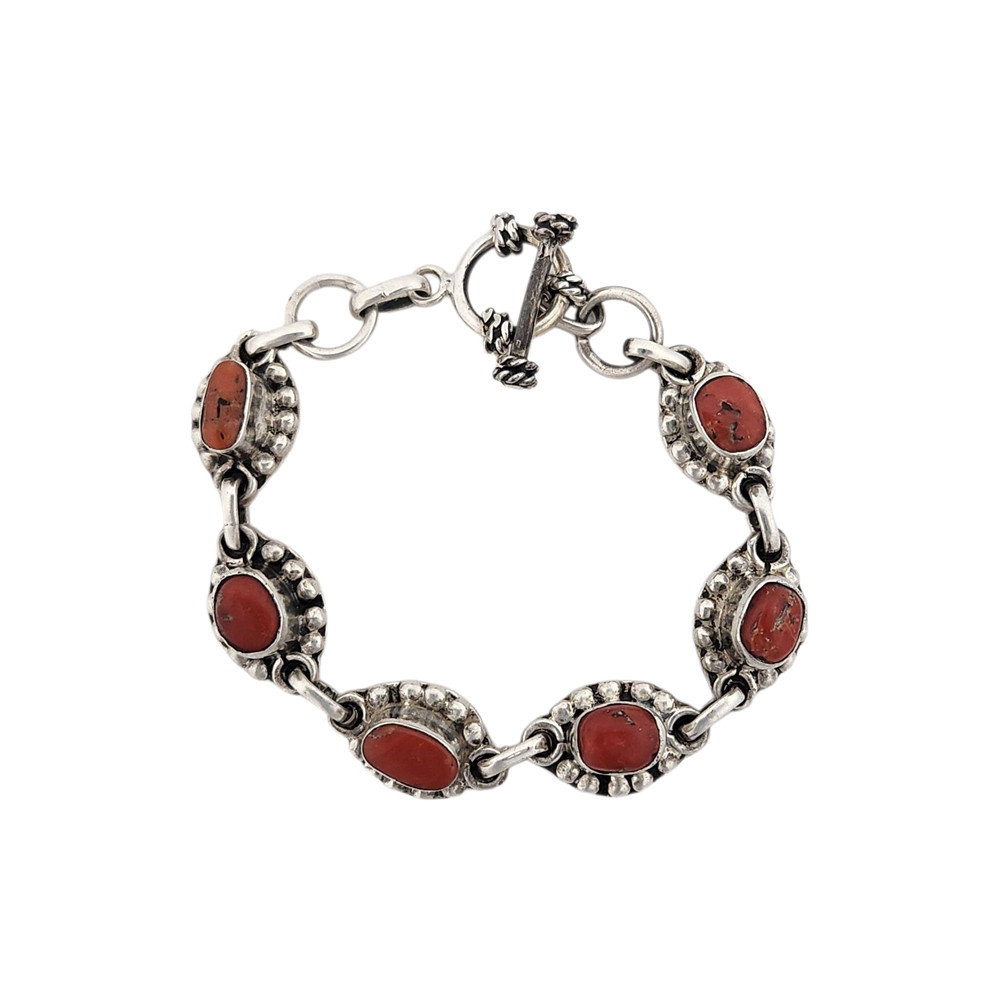 Red Coral sterling silver link bracelet. 