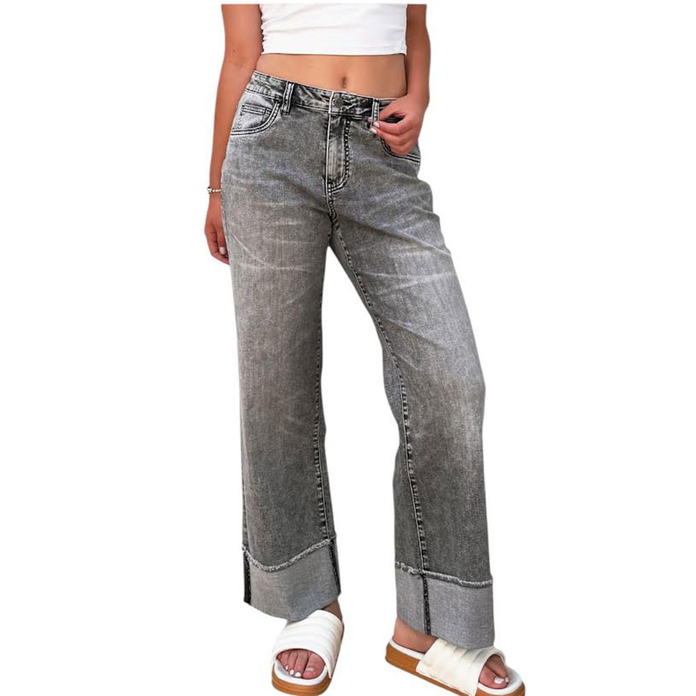 Hint of Blu - Cuffed Ankle Wide Leg Jeans - Powder Grey 