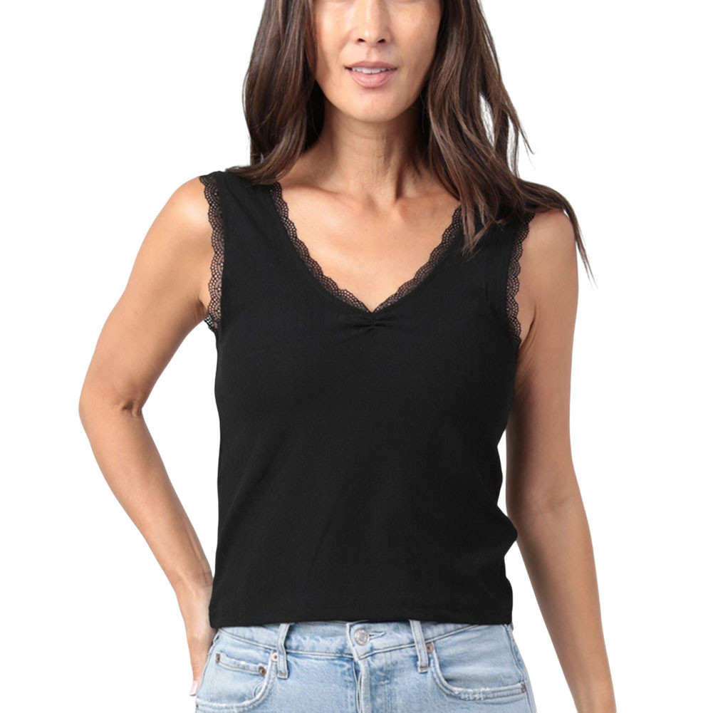 Nostalgia Clothes - Lace Trim V-Neck Rib Tank Top - Black