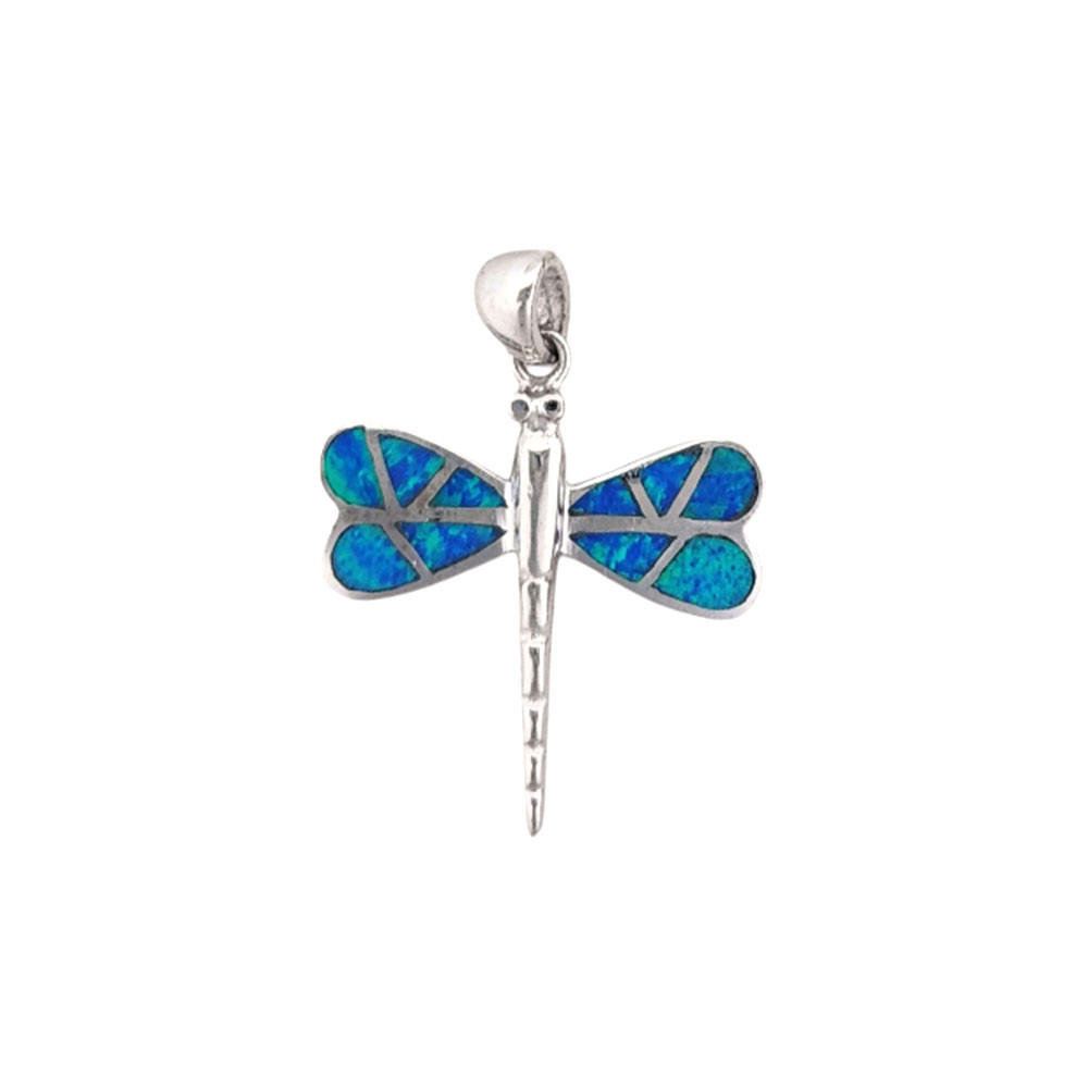 Blue lab created Opal dragonfly sterling silver pendant. 
