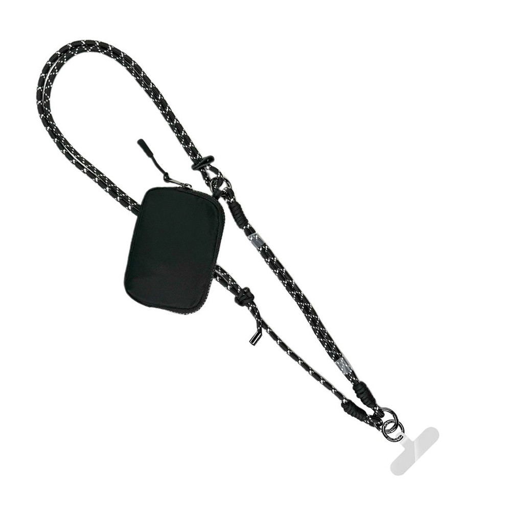 Black active Crossbody RFID pouch and single rope phone holder purse. 