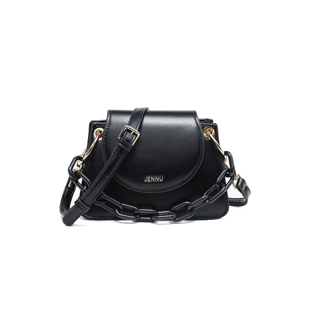 Black Reno Jen & Co flap over satchel with chain purse. 