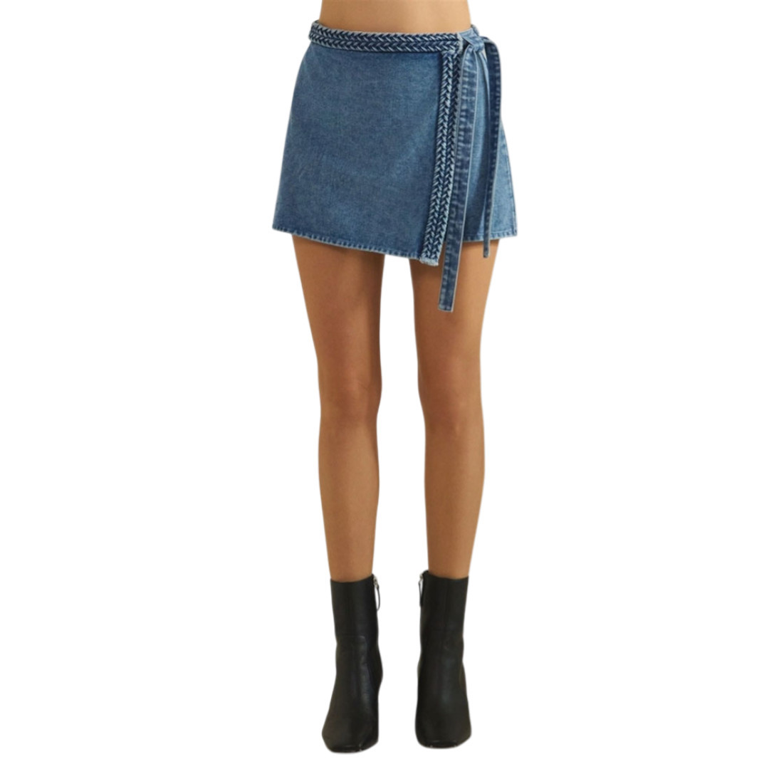Denim Wrap Mini Skirt / Skort with Braided Detail 