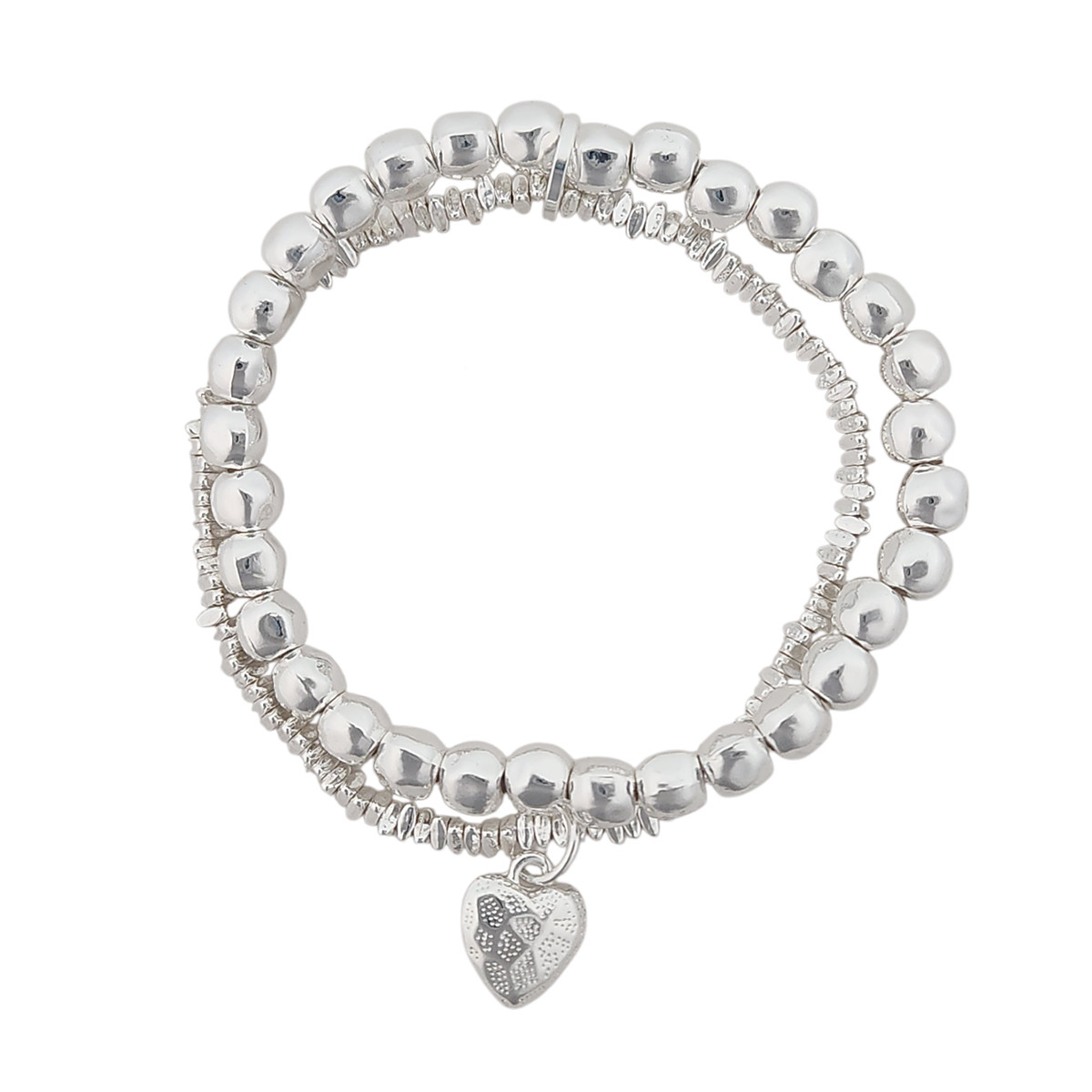 Silver Double Beaded Stretch Bracelet with Textured Heart Charm | Layered Stackable Bracelet | Fashion Jewelry