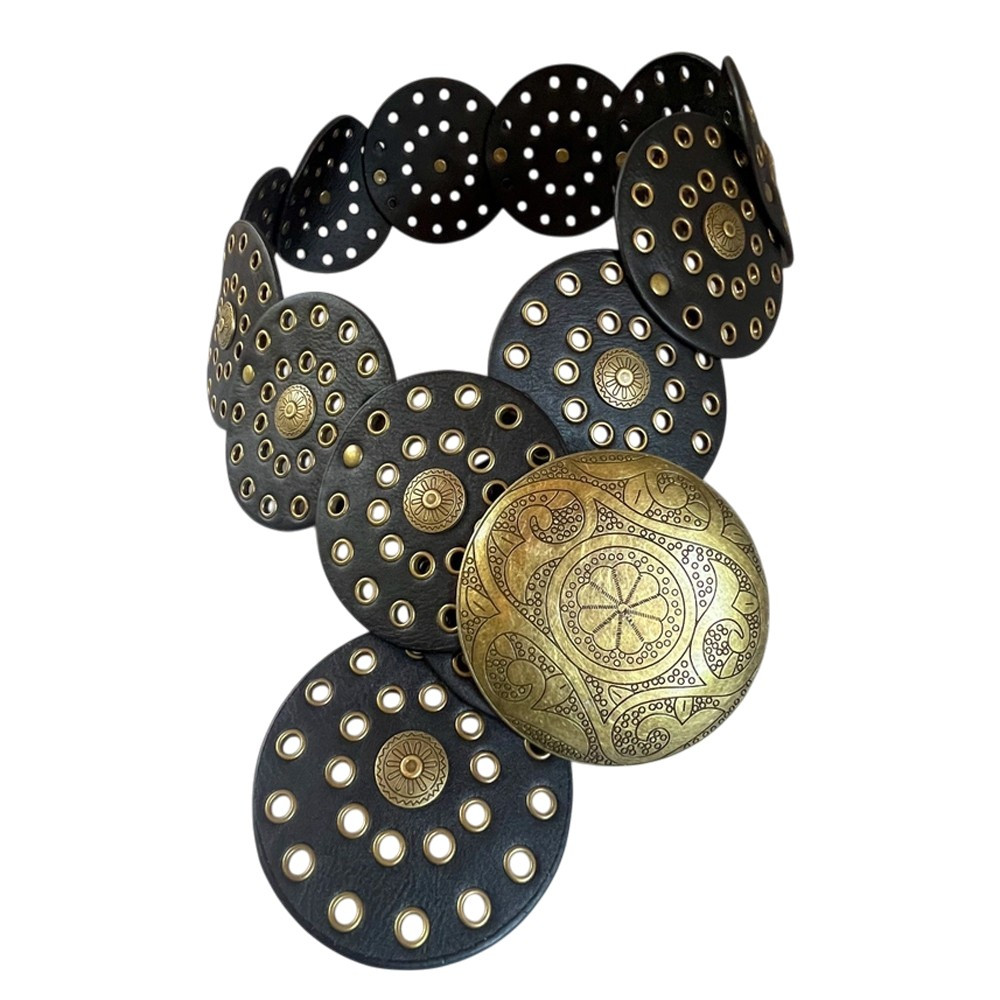 Black faux leather and gold coin buckle and grommet detail. 