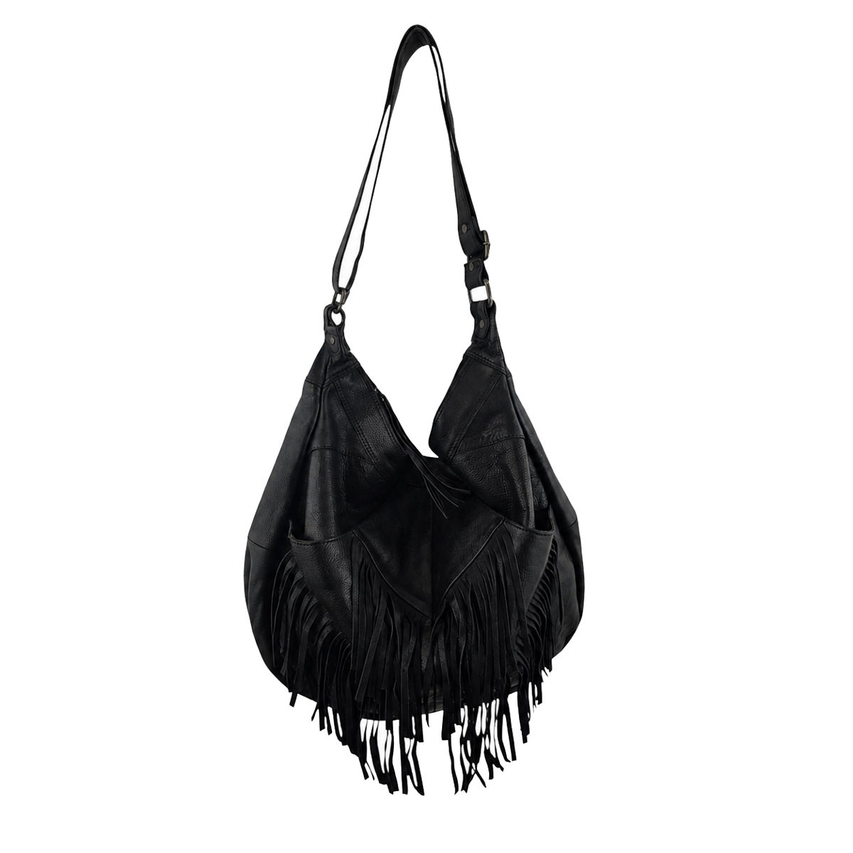 Black hobo fringe leather bag.  