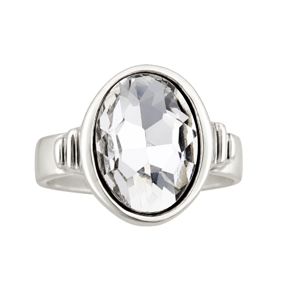 Oval silver-plated adjustable clear crystal ring. 