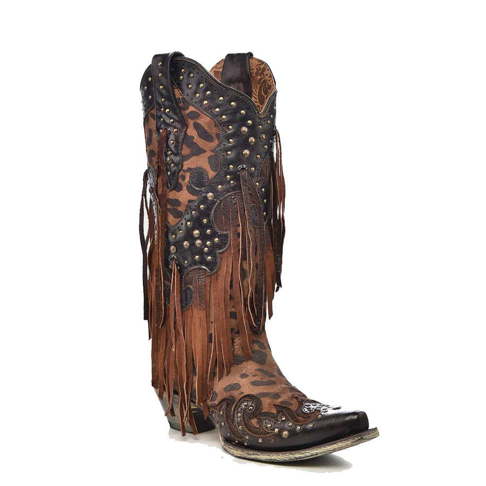Leopard print fringe leather Corral Boots. 