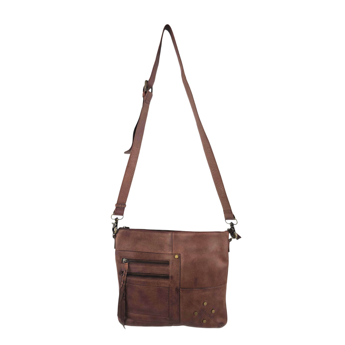 Brown leather Myra Bag Stratton Peak crossbody purse. 