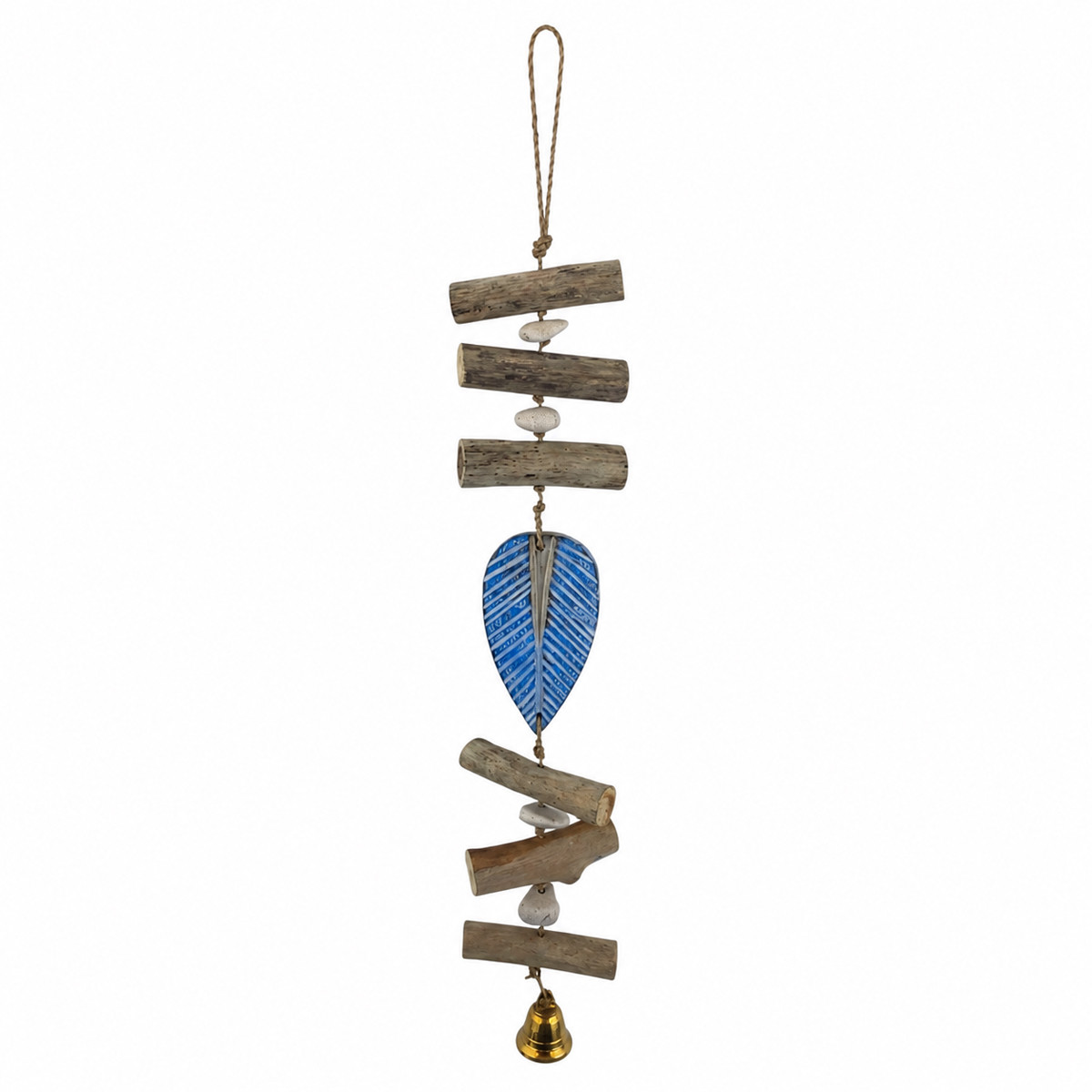 Blue leaf driftwood hanging garland windchime with a bell. 