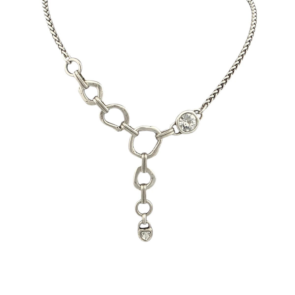 Clear crystal Y necklace with a heart charm. 