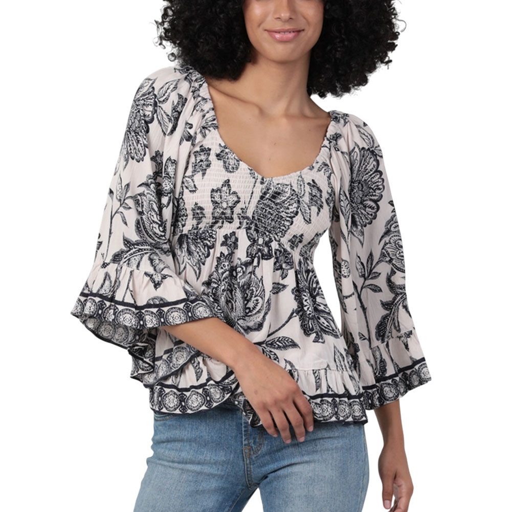 Angie Clothes - Flare Bell Sleeve Smocked Bust Floral Top 