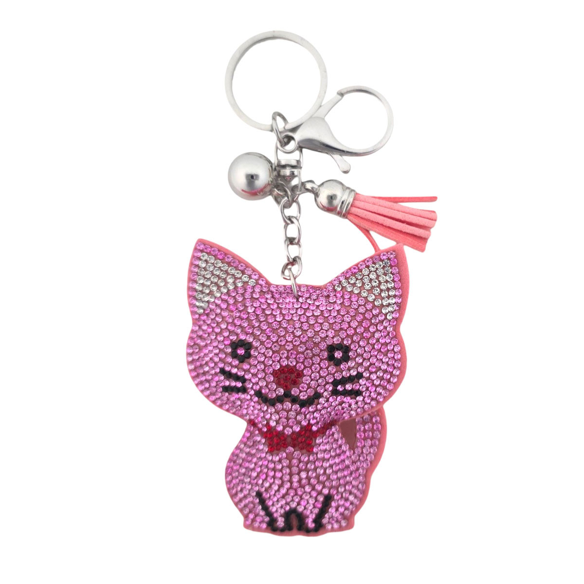 Pink rhinestone kitty cat keychain. 