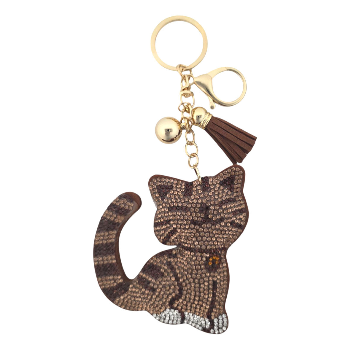 Brown rhinestone kitty cat keychain. 