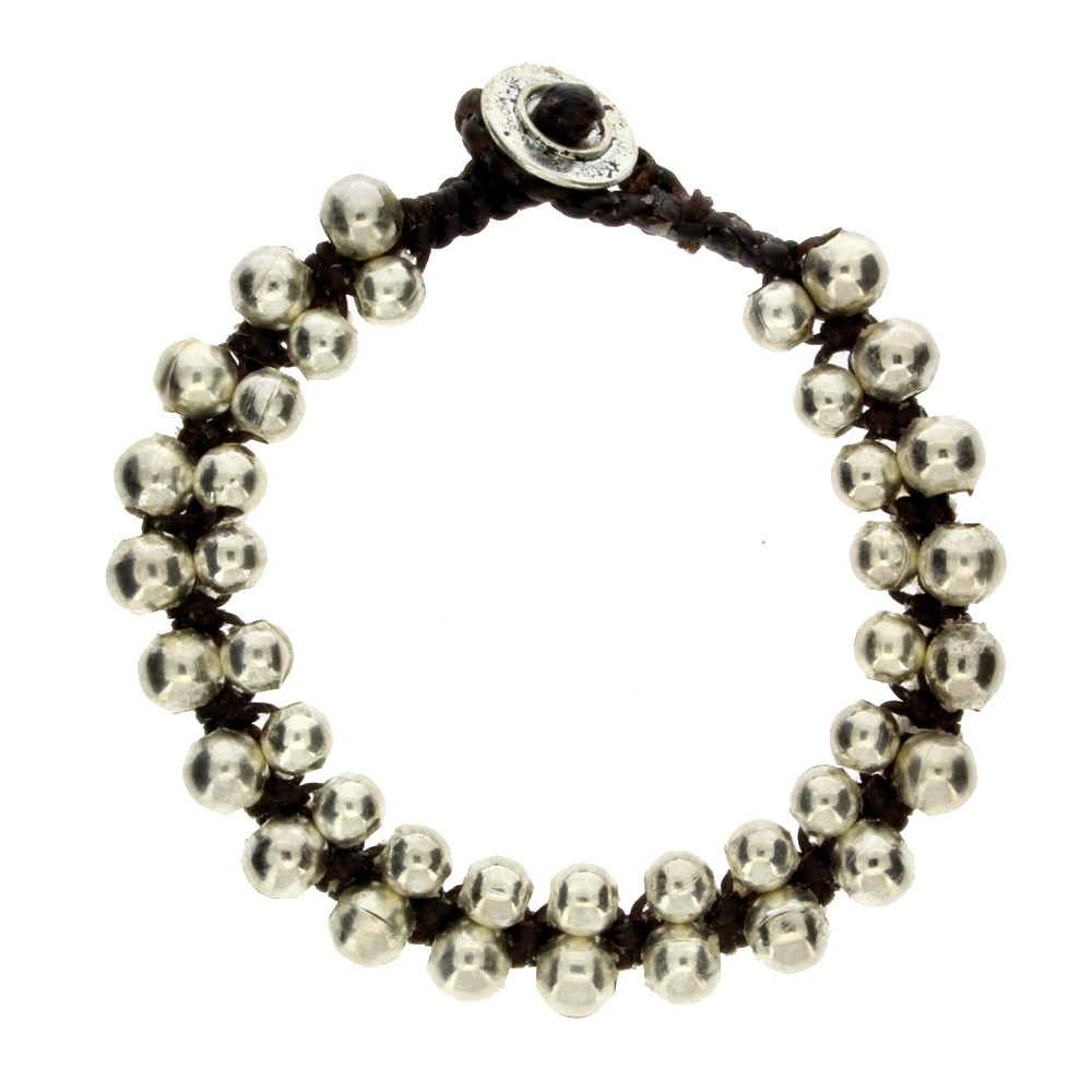 Round Silver Alloy Beaded Bracelet Wrist Jewelry Waxed Linen Wristband Brown
