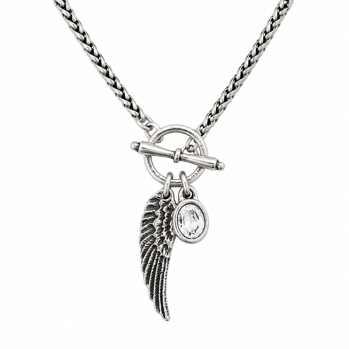 Silver-plated wing and clear crystal charm toggle necklace. 